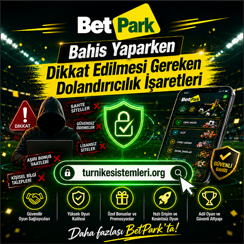 Betpark bahis yaparken dolandırıcılık işaretlerini güvenli erişim ve risk farkındalığıyla anlatan bilgilendirici banner