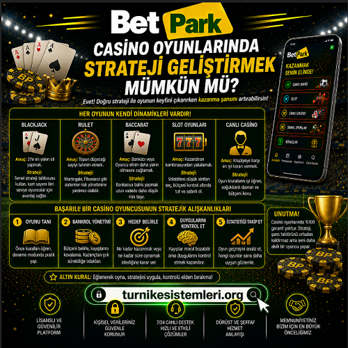 Betpark casino oyunlarında strateji geliştirmenin mümkün olup olmadığını oyun kuralları, şans faktörü ve sorumlu oyun yaklaşımıyla ele alan bilgilendirici banner görseli