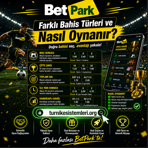 Betpark farklı bahis türlerini genel özellikleri ve risk farkındalığıyla anlatan bilgilendirici banner
