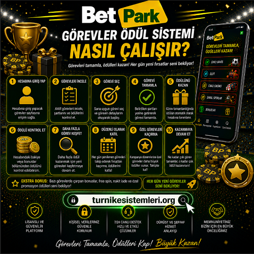 Betpark görevler ödül sistemi hakkında görev türleri, takip süreci ve ödül yapısını anlatan bilgilendirici banner