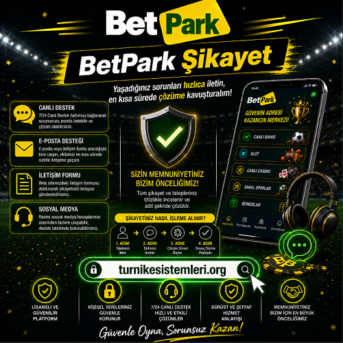 Betpark şikayet konusunu kullanıcı yorumları, işlem süreçleri ve dikkat edilmesi gereken güvenlik başlıklarıyla ele alan bilgilendirici banner görseli