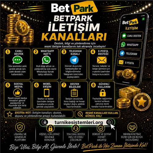 Betpark iletişim kanalları, destek mail adresleri, finans, bonus, belge onayı ve canlı destek hattı.